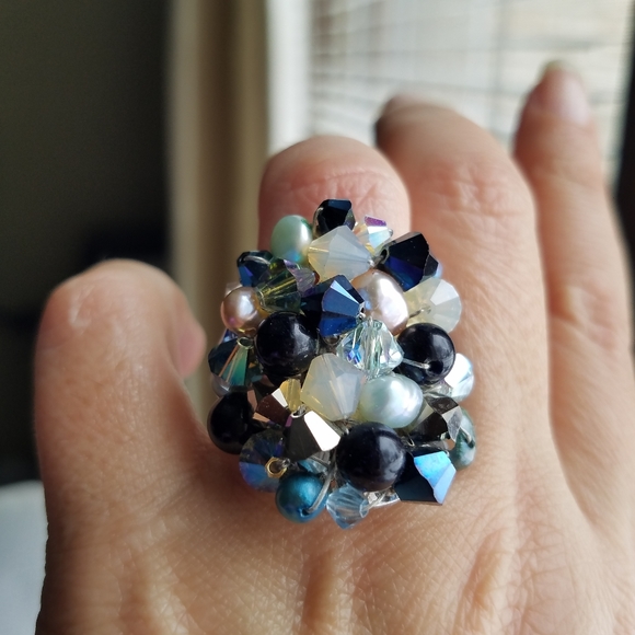 Swarovski Elements Large Blue Cluster Statement Ring Handmade NWT - Picture 1 of 12